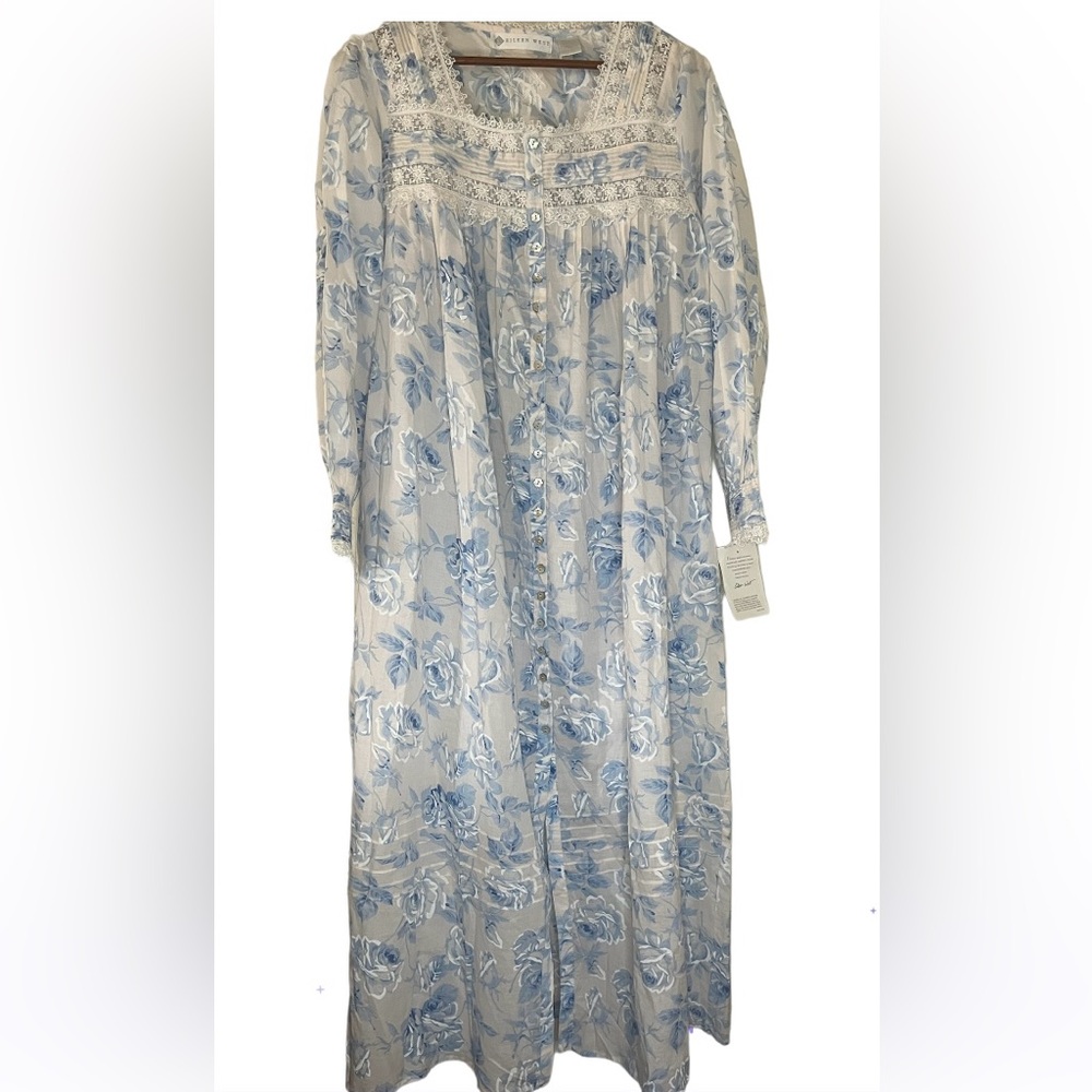 Eileen West NWY blue floral print square neck full button up night gown, size S